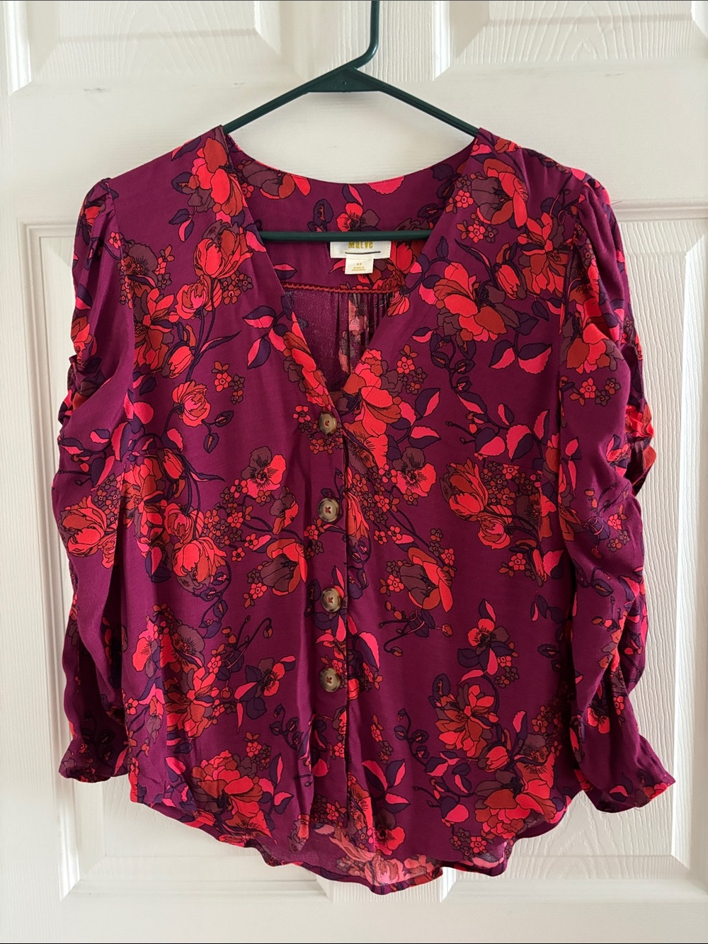 Maeve Button-Front Floral V-Neck Blouse - Magenta/Red